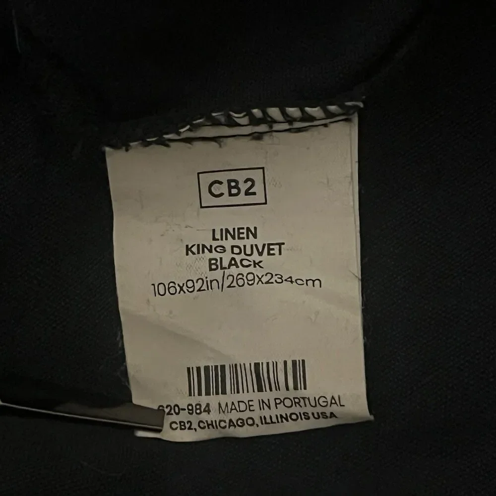 CB2 Linen Duvet Cover King Size 100% Linen European Flax Solid Black MSRP $319